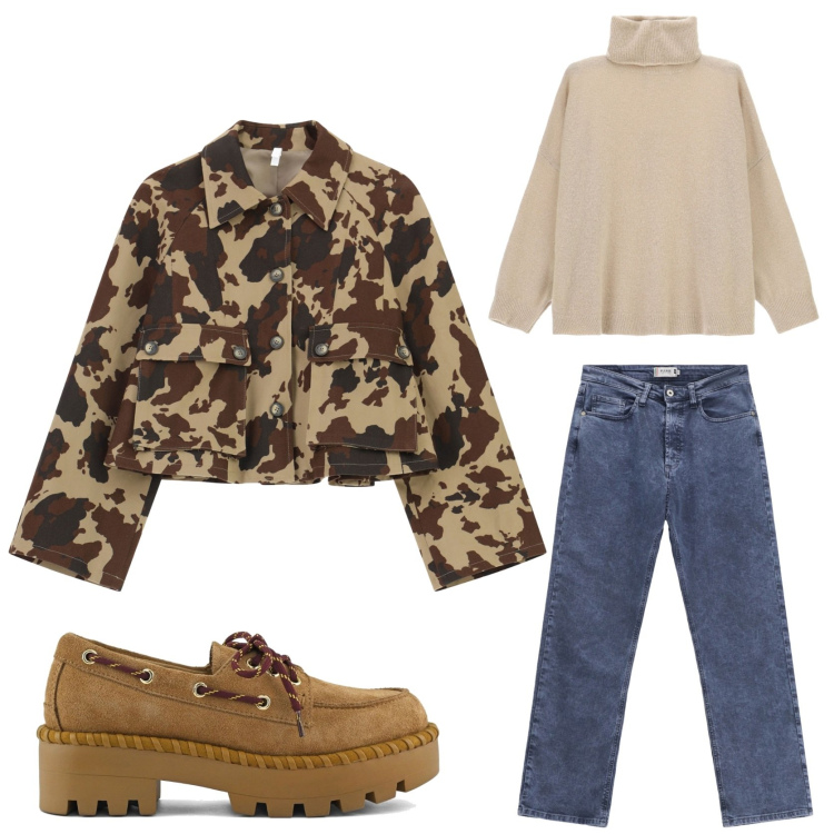 Outfit donna - Giovane e originale. Stile Military per Scuola/Università. Abbinamento con jeans dritti, cappotti, maglieria, mocassini.