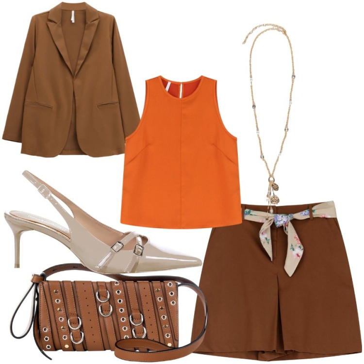 Outfit donna - Total look #2250862. Stile Romantica per Tutti i giorni. Abbinamento con borse a spalla, décolleté, shorts, top, blazer, ciondoli.