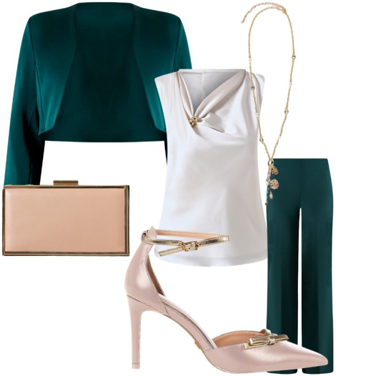 Outfit donna - Dettagli. Stile Romantica per Serata fuori. Abbinamento con pantaloni a palazzo, bolero, décolleté, pochette, bluse, ciondoli.