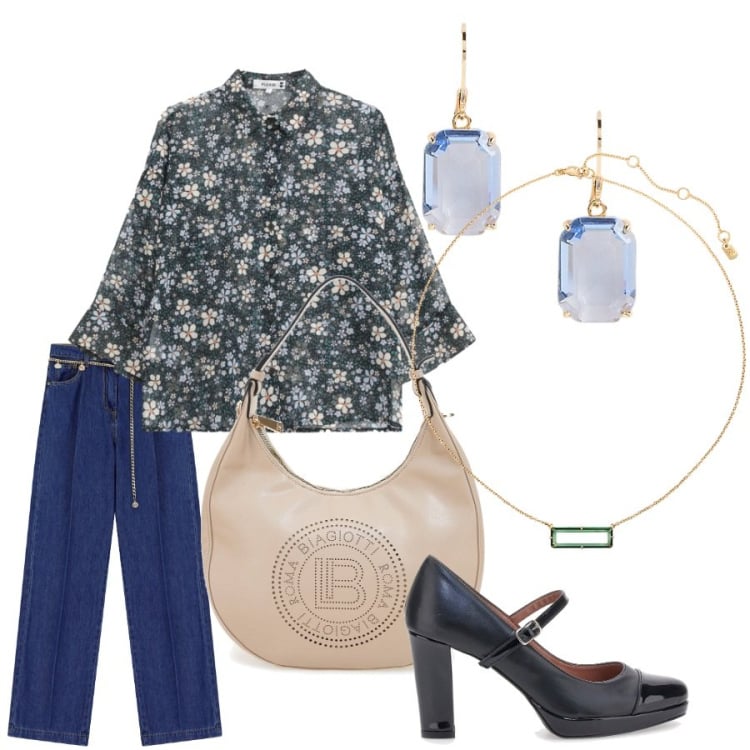 Outfit donna - Total look #2250870. Stile Romantica per Tutti i giorni. Abbinamento con jeans, camicie, orecchini, collane, borse a spalla, décolleté.