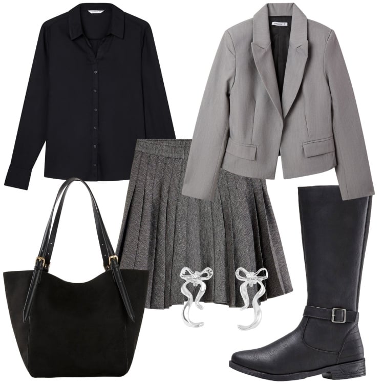 Outfit donna - Tra il grigio e il nero. Stile Romantica per Ufficio. Abbinamento con stivali, minigonne, shopping bag, blazer, orecchini, camicie.