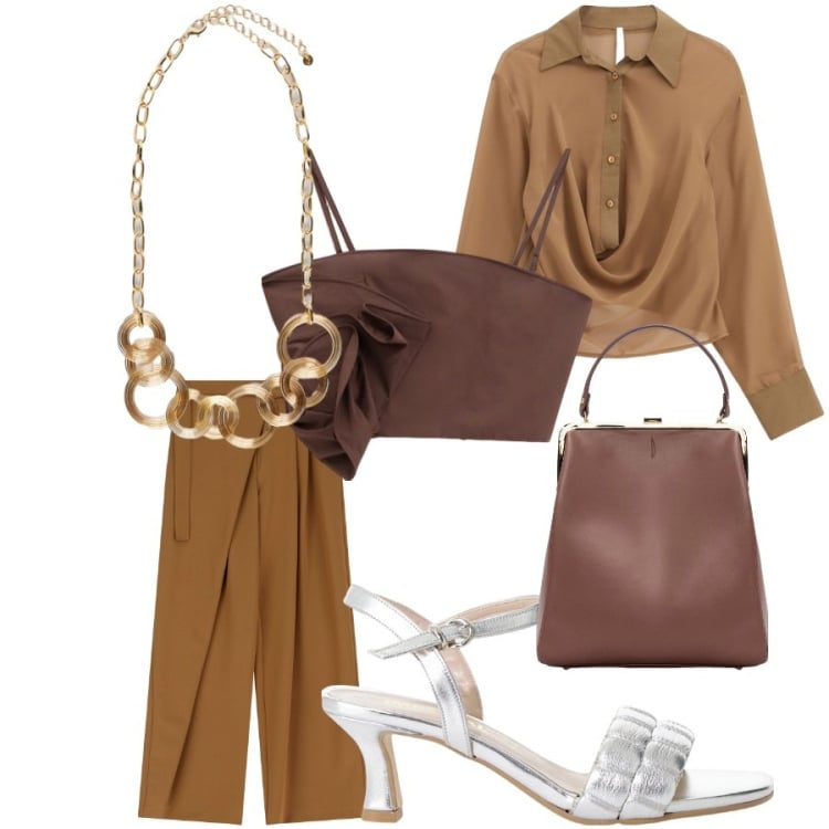 Outfit donna - Brown. Stile Romantica per Tutti i giorni. Abbinamento con camicie, pantaloni a palazzo, sandali col tacco, top, collane, borse a spalla.