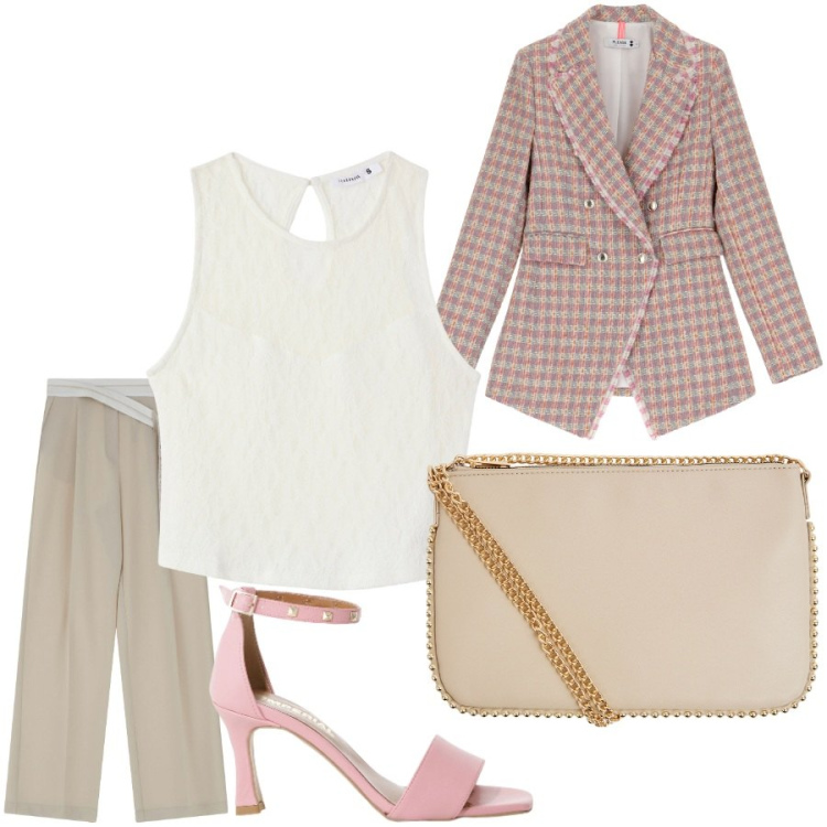 Outfit donna - Total look #2250879. Stile Romantica per Tutti i giorni. Abbinamento con top, borse a tracolla, blazer, pantaloni, sandali col tacco.