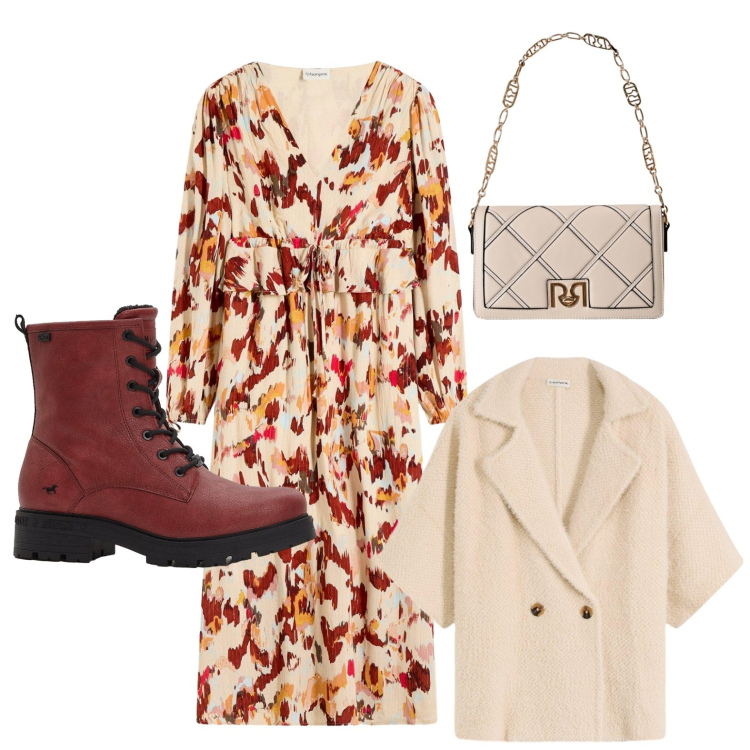 Outfit donna - Vestito midi fantasia. Stile Minimal per Tutti i giorni. Abbinamento con vestiti midi/longuette, stivaletti, cardigans, borse a tracolla.