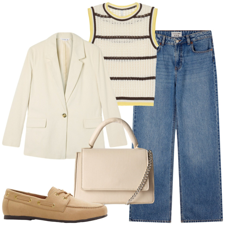 Outfit donna - Terranova idea in chiaro + denim. Stile Casual chic per Tutti i giorni. Abbinamento con mocassini, borse a tracolla, jeans, blazer, top.
