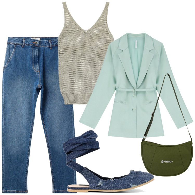 Outfit donna - Ballerina in denim. Stile Casual chic per Tutti i giorni. Abbinamento con jeans skinny, canottiere, blazer, borse a spalla, ballerine.