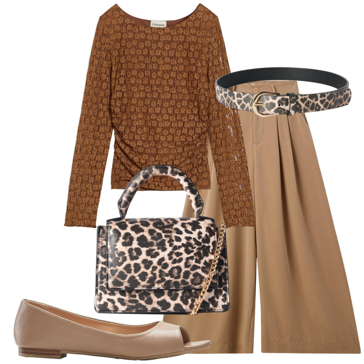 Outfit donna - Tiepido settembre. Stile Trendy per Ufficio. Abbinamento con maglieria, ballerine, pantaloni, borse a tracolla, cinture.