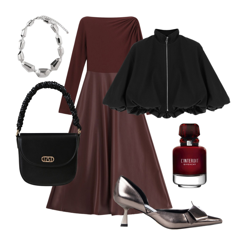 Outfit donna - Chic con il bomber. Stile Chic per Serata fuori. Abbinamento con profumi, décolleté, borse a mano, vestiti lunghi, bomber, ciondoli.