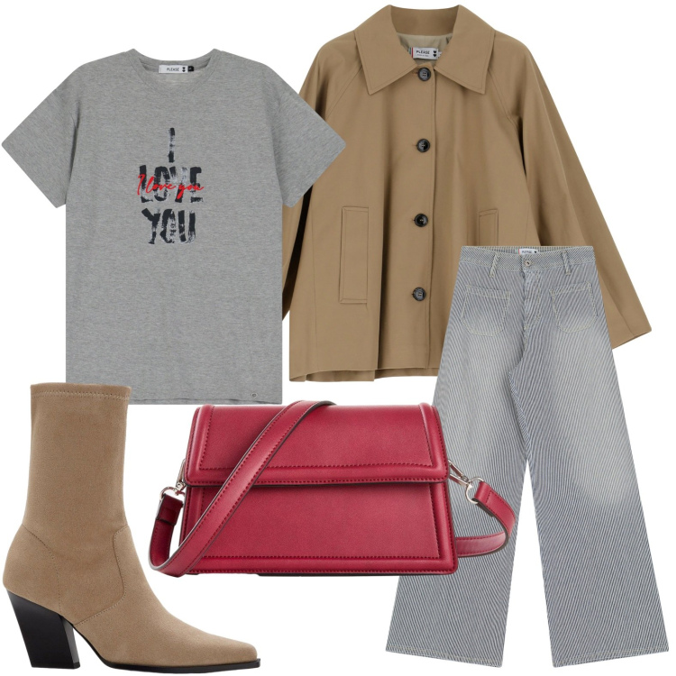Outfit donna - Eleganza versatile. Stile Urban per Ufficio. Abbinamento con stivaletti, borse a tracolla, t-shirt, jeans a zampa, blazer.