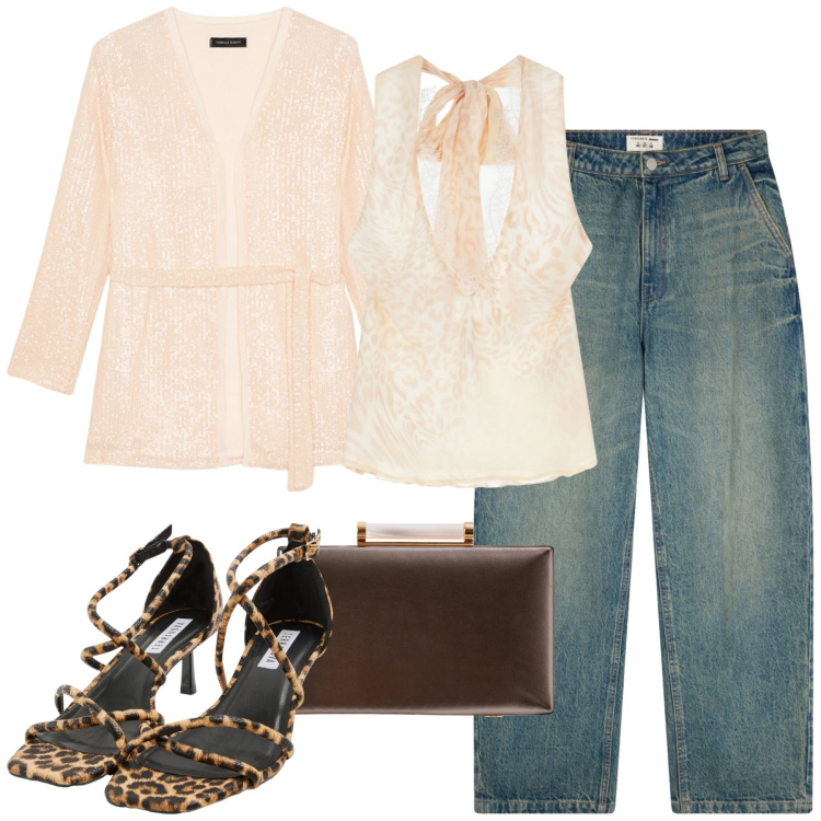Outfit donna - Super saldi. Stile Casual chic per Serata fuori. Abbinamento con sandali col tacco, jeans, clutch, top, blazer.