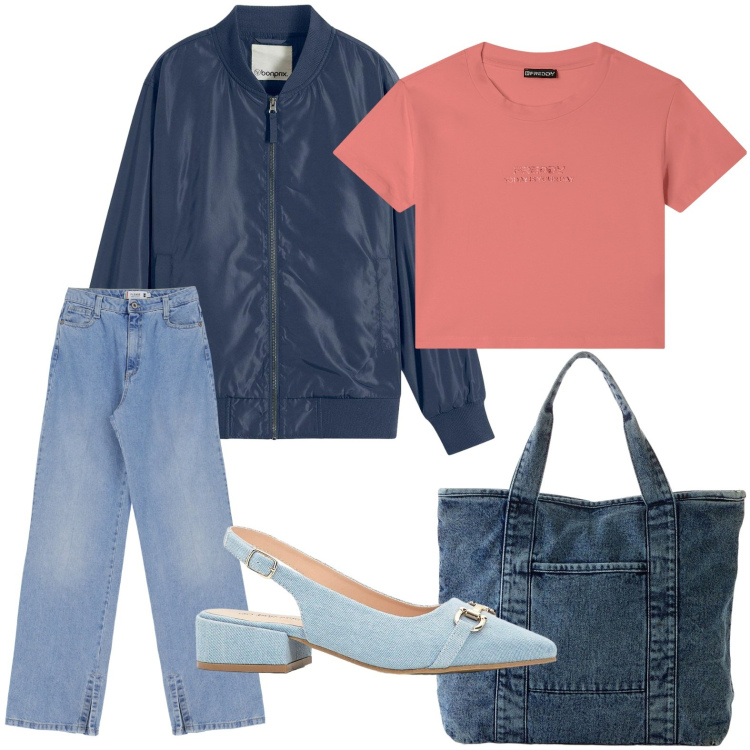 Outfit donna - Il bomber blu. Stile Glamour per Tutti i giorni. Abbinamento con shopping bag, décolleté, bomber, jeans, t-shirt.