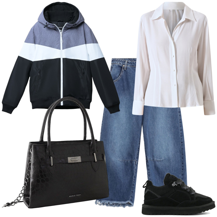 Outfit donna - Una felpa in città. Stile Casual chic per Tutti i giorni. Abbinamento con borse a mano, piumini, camicie, jeans, sneakers alte.