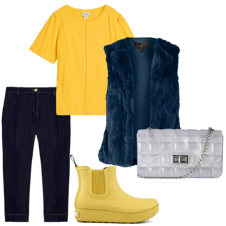 Outfit donna - Il gilet morbido e caldo. Stile Casual chic per Tutti i giorni. Abbinamento con gilet, t-shirt, borse a tracolla, stivali, jeans.