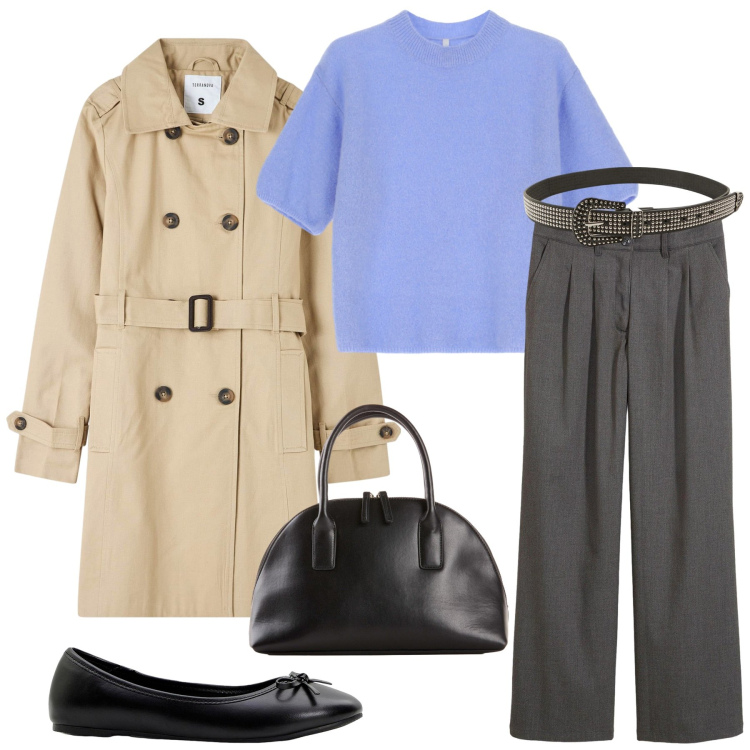 Outfit donna - Total look #2250937. Stile Minimal per Ufficio. Abbinamento con ballerine, shopping bag, pantaloni a palazzo, trench, cinture, maglieria.