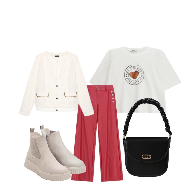 Outfit donna - Passeggiata in centro. Stile Casual chic per Tutti i giorni. Abbinamento con stivaletti, borse a mano, pantaloni a palazzo, t-shirt, blazer.