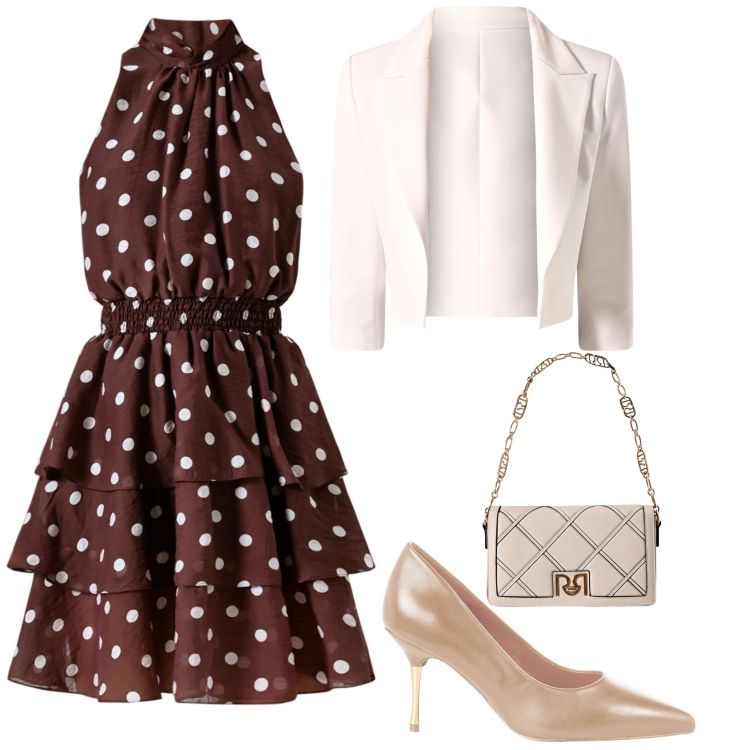 Outfit donna - Chic a pois. Stile Bon Ton per Cerimonia. Abbinamento con vestiti senza maniche, blazer, décolleté, borse a tracolla.