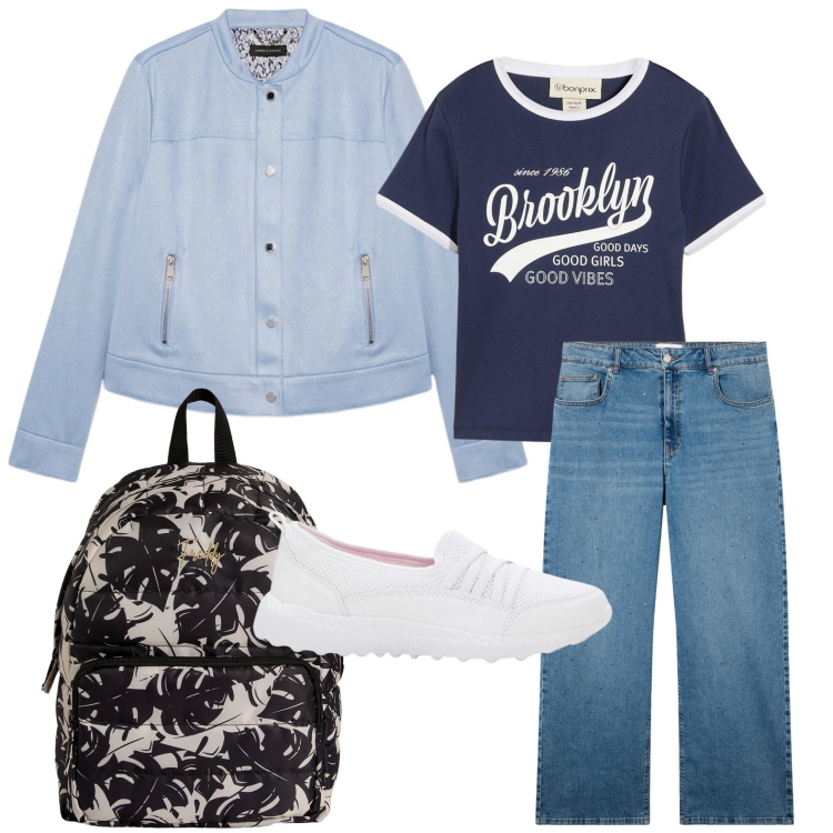 Outfit donna - Lo zaino strutturato. Stile Minimal per Scuola/Università. Abbinamento con sneakers, t-shirt, jeans, zaini, blazer.