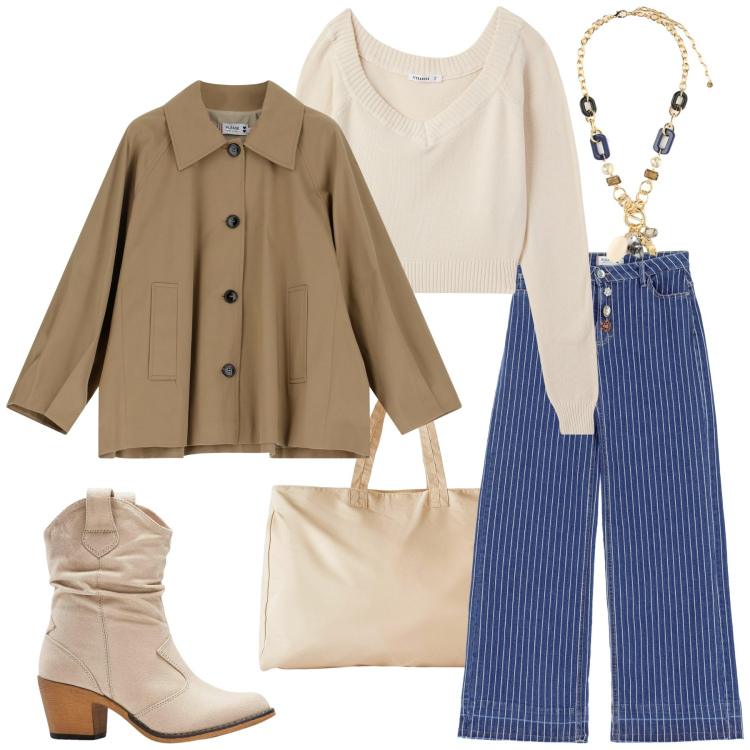 Outfit donna - Domenica. Stile Glamour per Tutti i giorni. Abbinamento con stivaletti texani, shopping bag, maglieria, jeans, blazer, collane.