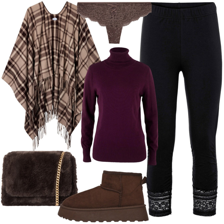 Outfit donna - Leggins e mantella. Stile Casual per Tutti i giorni. Abbinamento con maglieria, leggings, cappotti, stivaletti, borse a tracolla, culotte.