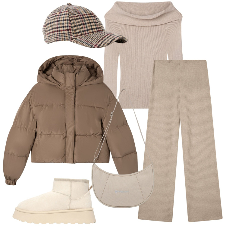 Outfit donna - Total look #2250957. Stile Basic per Tutti i giorni. Abbinamento con cappelli con visiera, maglieria, pantaloni, bomber, stivaletti, borse a spalla.