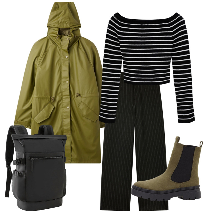 Outfit donna - In montagna con la pioggia. Stile Basic per Tutti i giorni. Abbinamento con zaini, stivaletti chelsea, pantaloni, maglieria, cappotti.