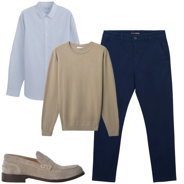 Outfit uomo - Settembre. Stile Urban per Tutti i giorni. Abbinamento con camicie, pantaloni chino, maglieria, scarpe stringate.