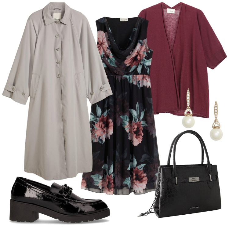 Outfit donna - Il trench fluido. Stile Basic per Tutti i giorni. Abbinamento con vestiti midi/longuette, borse a mano, trench, cardigans, orecchini, mocassini.