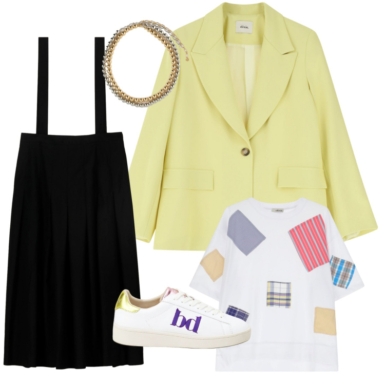 Outfit donna - Stilosa. Stile Casual chic per Serata fuori. Abbinamento con sneakers, blazer, t-shirt, gonne lunghe, collane.