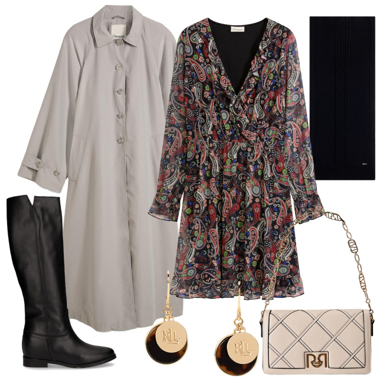 Outfit donna - Il trench fluido - curvy. Stile Urban per Tutti i giorni. Abbinamento con vestiti, trench, borse a tracolla, sciarpe, orecchini, stivali.