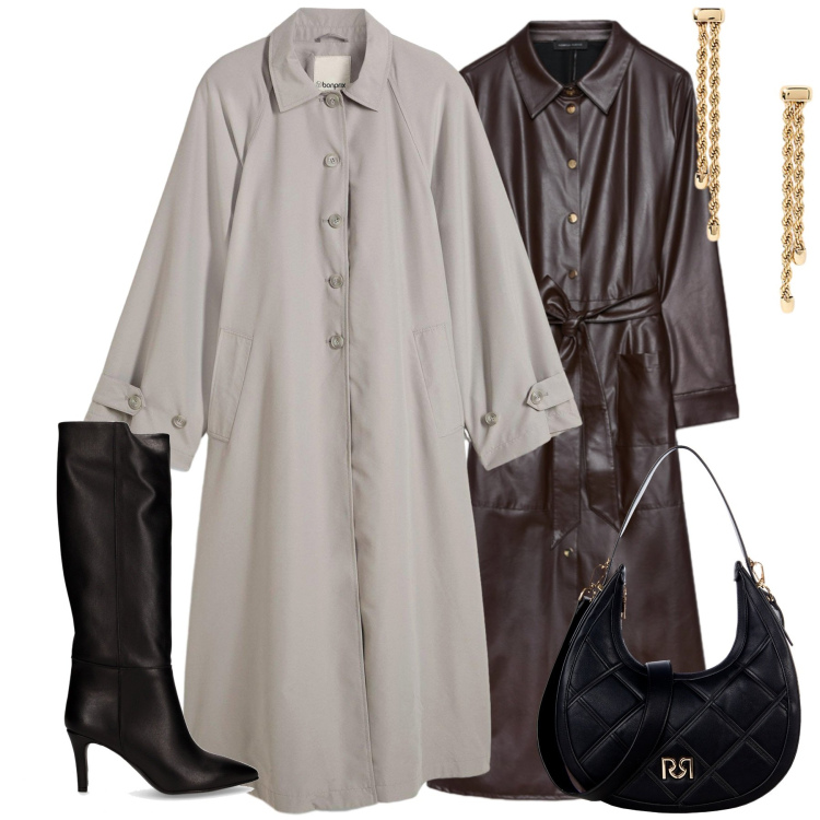 Outfit donna - Il trench fluodo. Stile Urban per Tutti i giorni. Abbinamento con trench, borse a tracolla, orecchini, vestiti chemisier, stivali.
