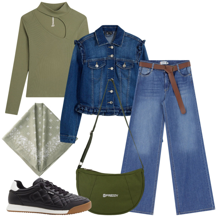 Outfit donna - Il giubbino di jeans super versatile. Stile Casual per Tutti i giorni. Abbinamento con blazer, sneakers, jeans, maglieria, borse a spalla, foulard.