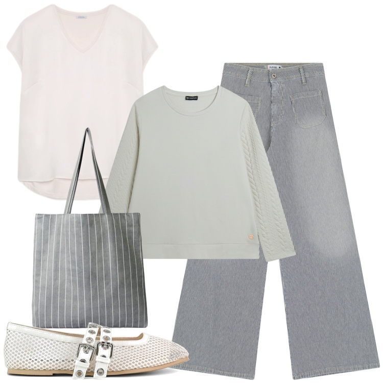 Outfit donna - Basic grey. Stile Basic per Tutti i giorni. Abbinamento con shopping bag, jeans a zampa, felpe, ballerine, bluse.