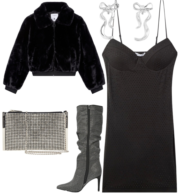 Outfit donna - Serata. Stile Sexy per Serata fuori. Abbinamento con orecchini, ecopellicce, stivali, vestiti corti, pochette.