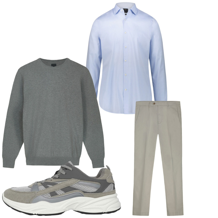 Outfit uomo - Autunno. Stile Casual per Tutti i giorni. Abbinamento con sneakers, camicie, pantaloni chino, maglieria.
