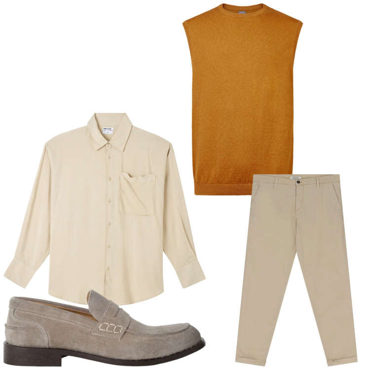 Outfit uomo - Un tocco di arancio. Stile Casual per Tutti i giorni. Abbinamento con camicie, pantaloni chino, scarpe stringate, gilet.