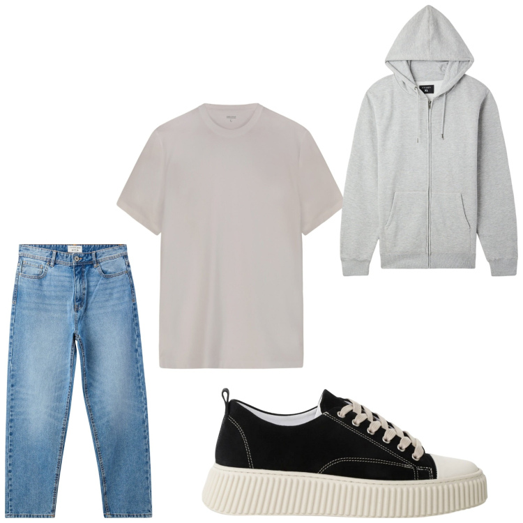 Outfit uomo - Facile. Stile Casual per Tutti i giorni. Abbinamento con felpe con cappuccio, jeans, sneakers, t-shirt.
