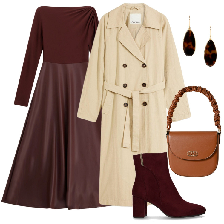 Outfit donna - Il trench fluido - curvy. Stile Urban per Tutti i giorni. Abbinamento con trench, borse a mano, vestiti lunghi, orecchini, stivaletti.