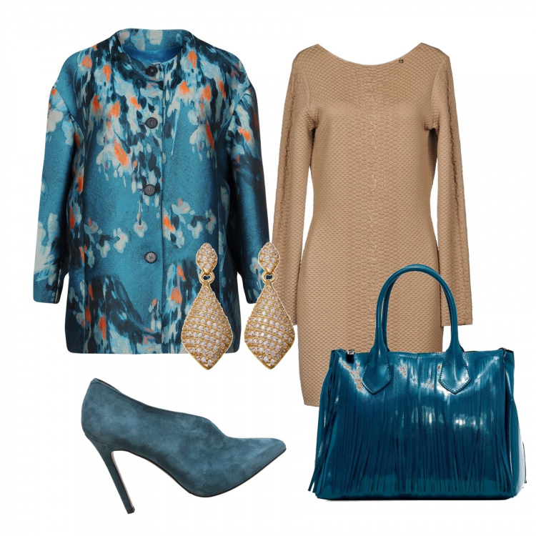 Outfit donna - Forte. Stile Trendy Abbinamento con vestito corto a tubino senza tasche collo tondo a maniche lunghe interno sfoderato jacquard, soprabito fantasia multicolore effetto acetato collo tondo interno imbottito in raso jacquard, borsa a mano con frange e zip, décolleté effetto scamosciato, orecchini argento e oro e bianco.