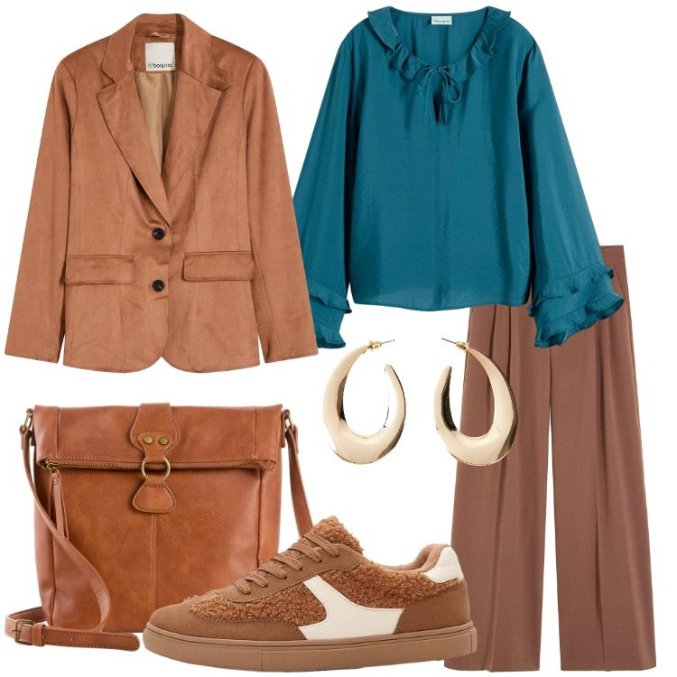 Outfit donna - Brunch domenicale di settembre. Stile Casual chic per Tutti i giorni. Abbinamento con orecchini, borse a tracolla, bluse, pantaloni, blazer, sneakers.