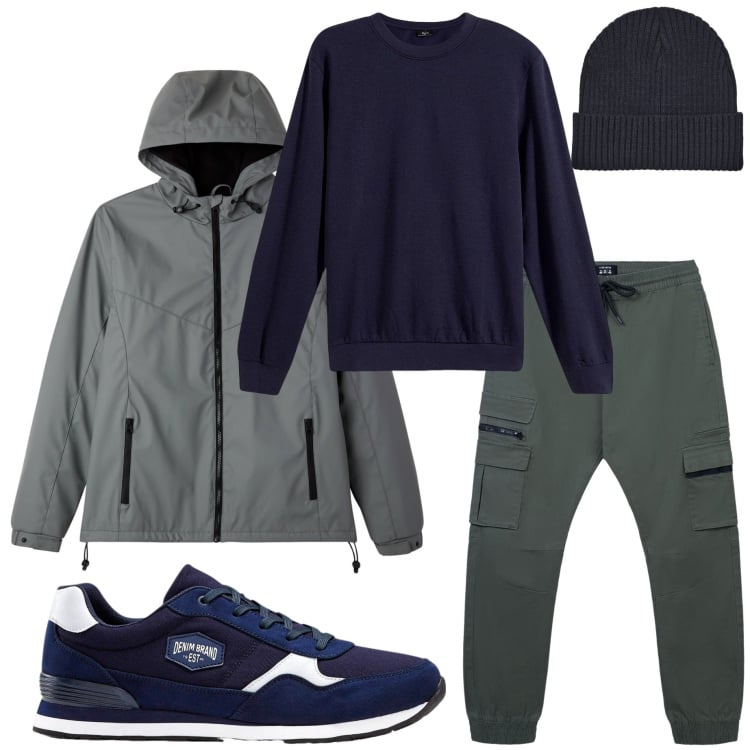 Outfit uomo - Sport e tempo libero. Stile Casual per Sport. Abbinamento con felpe, sneakers, berretti, pantaloni cargo, giacche sportive.