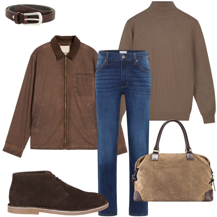 Outfit uomo - Weekend in campagna. Stile Casual per Tutti i giorni. Abbinamento con jeans dritti, giacche, cinture, stivali e stivaletti, maglieria, borse sportive.
