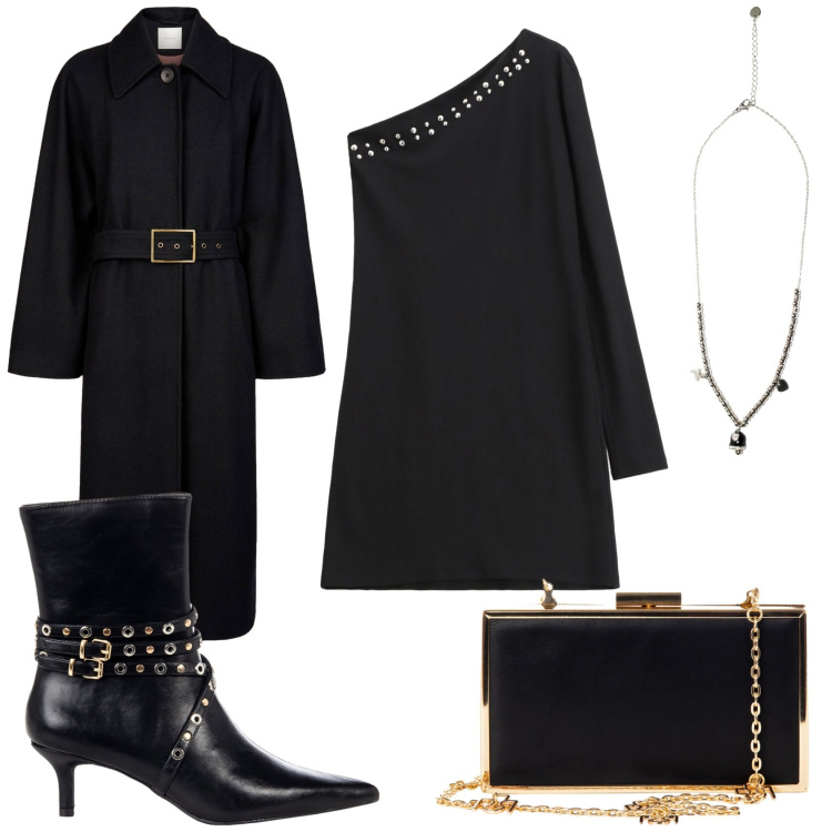 Outfit donna - Abito corto asimmetrico. Stile Trendy per Serata fuori. Abbinamento con pochette, stivaletti, vestiti asimmetrici, ciondoli, cappotti.