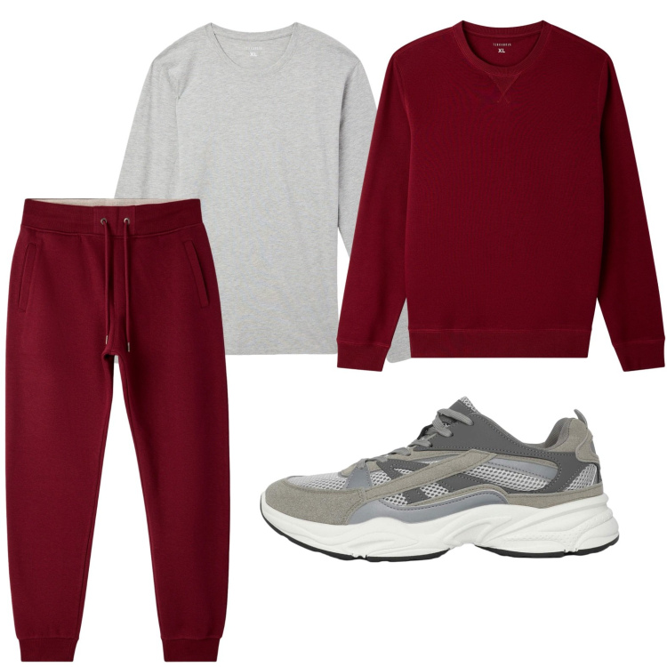 Outfit uomo - Pantaloni prugna. Stile Trendy per Tutti i giorni. Abbinamento con t-shirt, sneakers, felpe, pantaloni.