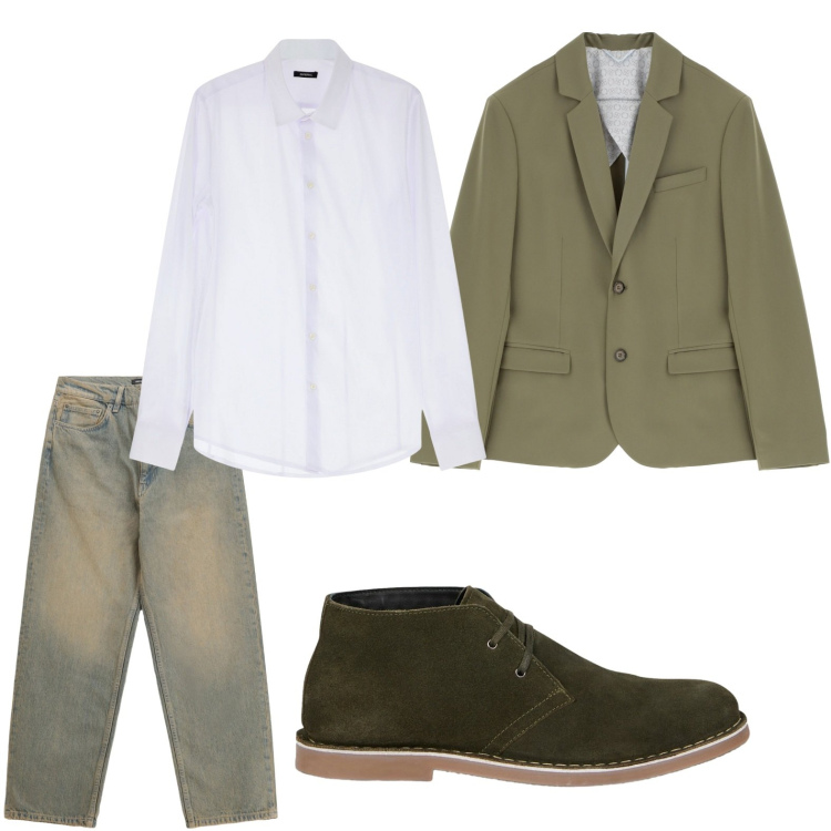 Outfit uomo - Casual chic. Stile Trendy per Ufficio. Abbinamento con camicie, giacche, jeans, stivali e stivaletti.