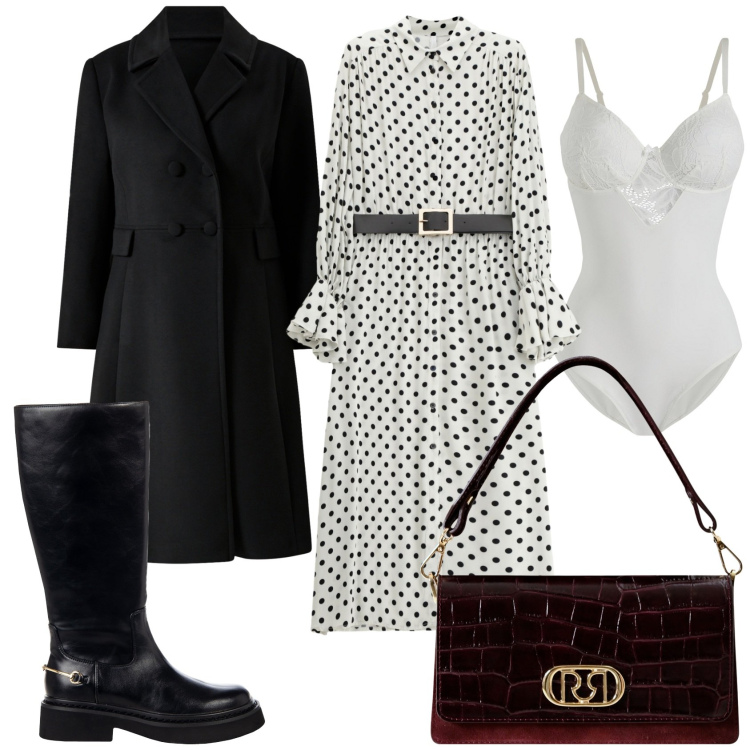 Outfit donna - In ufficio con i pois. Stile Casual chic per Ufficio. Abbinamento con body, borse a mano, stivali sopra il ginocchio, cappotti, vestiti midi/longuette.