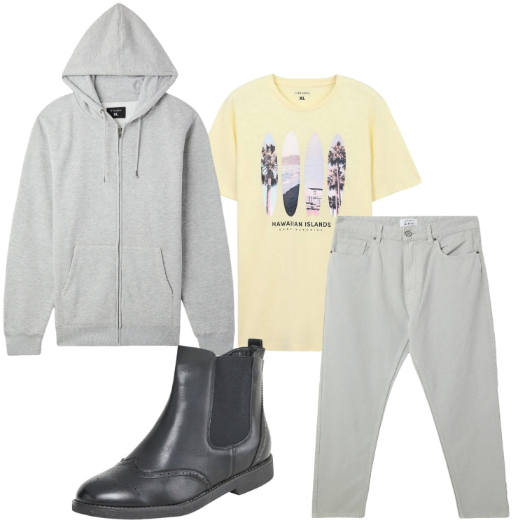 Outfit uomo - Felpa trendy. Stile Trendy per Tutti i giorni. Abbinamento con felpe con cappuccio, t-shirt sportive, stivali e stivaletti, pantaloni.