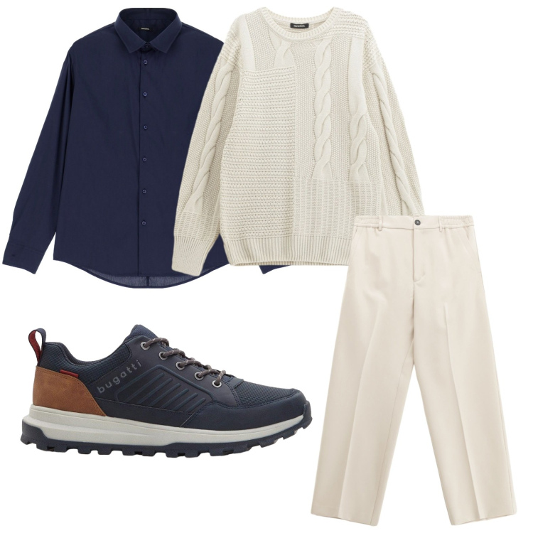 Outfit uomo - Maglione a trecce. Stile Trendy per Tutti i giorni. Abbinamento con sneakers, camicie, pantaloni, maglieria.