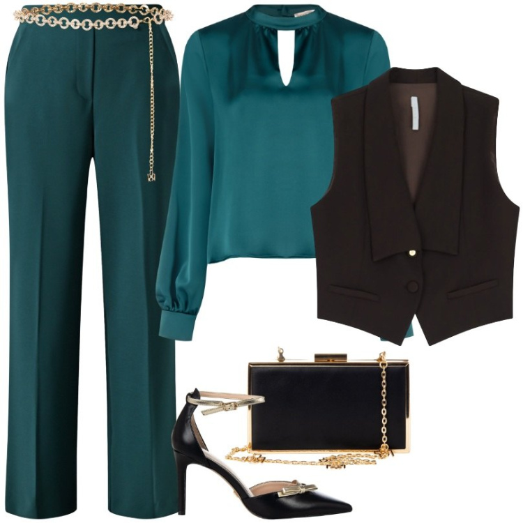 Outfit donna - Serata in ristorante. Stile Chic per Serata fuori. Abbinamento con pantaloni, bluse, décolleté, pochette, cinture, gilet.