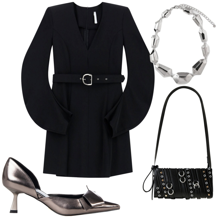 Outfit donna - A teatro. Stile Bon Ton per Serata fuori. Abbinamento con décolleté, borse a spalla, vestiti corti, ciondoli.