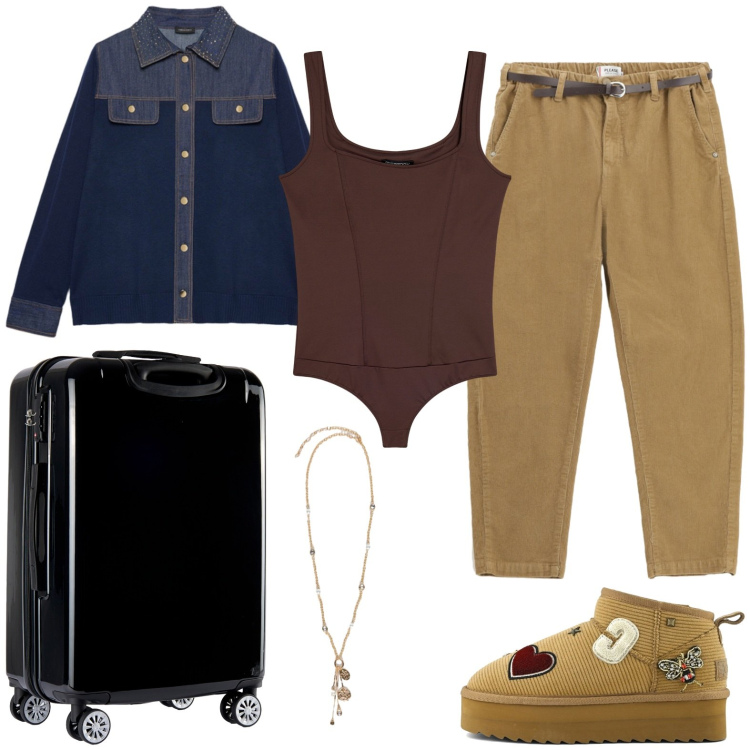 Outfit donna - La camicia di jeans. Stile Casual chic per Tutti i giorni. Abbinamento con pantaloni chino, body, valigie, cardigans, ciondoli, stivali.